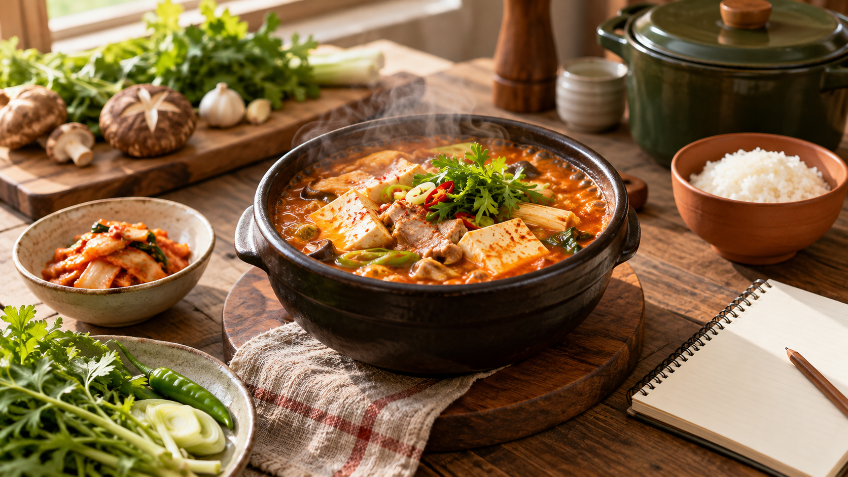 김이 오르는 한식 찌개와 밥·김치가 놓인 작업대